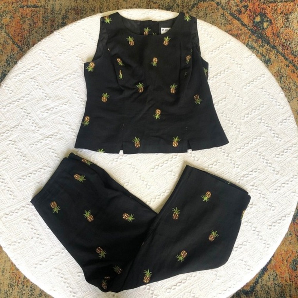 Y2K Pineapple Embroidered Resort Set 2Pc Tank Capri Plaza South 10 P Linen Blend